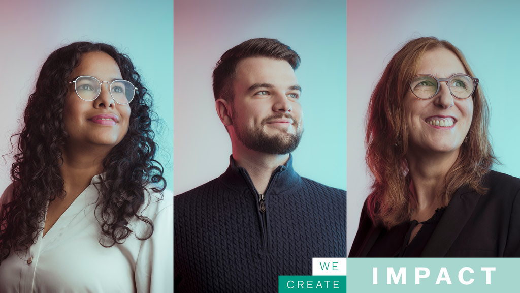 Zwei Frauen und ein Mann, fotografiert im Bildstil der neuen Arbeitgebermarke we create impact